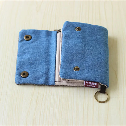 Handmade Three-Fold Fabric Wallet — Short Zipper Purse for Women & Men, Multi-Function Card & Key Holder for Teens