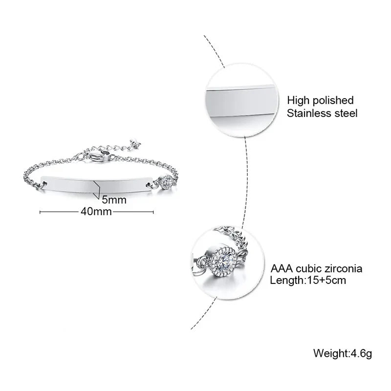 Elegant Personalized ID Bar Bracelet – 5mm Stainless Steel Link Chain for Women with Custom Name or Quote