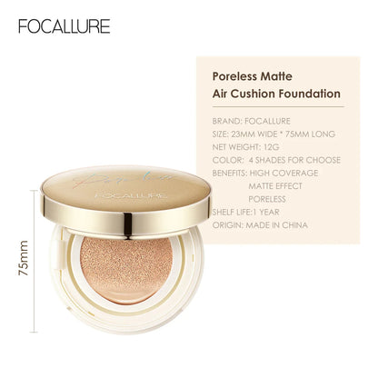 FOCALLURE Air Cushion BB Cream – Poreless, Waterproof, Long-Lasting Matte Foundation & Brightening Concealer with Puff