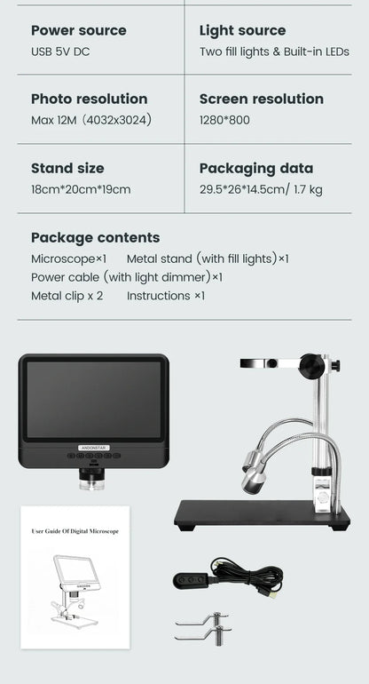 Andonstar AD208 Digital Microscope – 8.5" Adjustable LCD, 1080P HD, Black, Soldering Tool