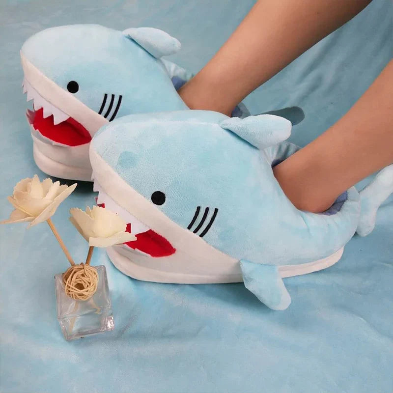 Feerldi Shark Winter Slippers — Cartoon Anime Slip-On Fish Slides for Girls, Boys & Women, Plush Open-Mouth Cotton Shoes