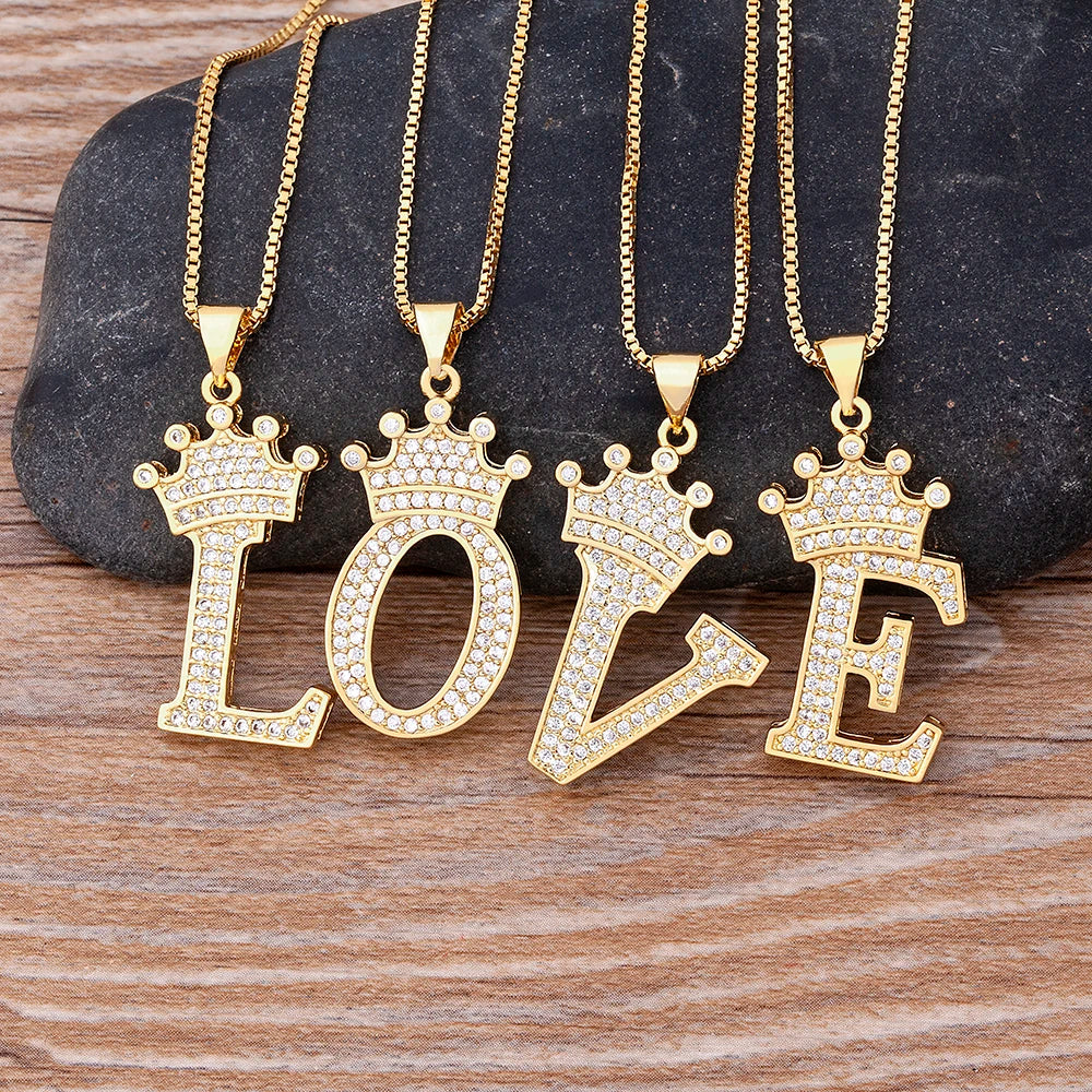 Nidin Luxury A-Z Crown Alphabet Pendant – Copper Zircon Initial Necklace Chain, Hip-Hop Style Jewelry for Men & Women