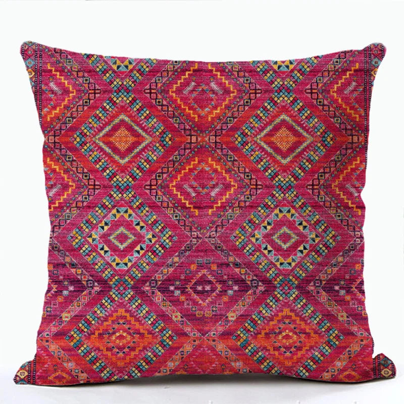 Bohemian Linen Cushion Cover – Multicolor Ethnic Geometric Pattern Decorative Pillow for Living Room Sofa