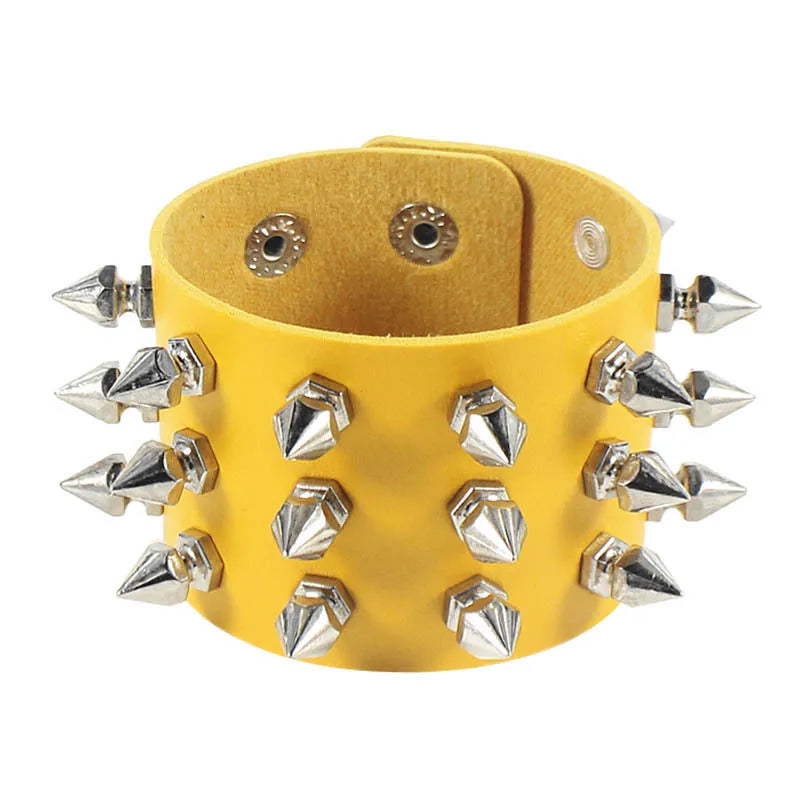 90s Punk Style Bracelet – PU Leather with 3 Rows of Spikes & Square Studs, Fashion Bangle for 2024