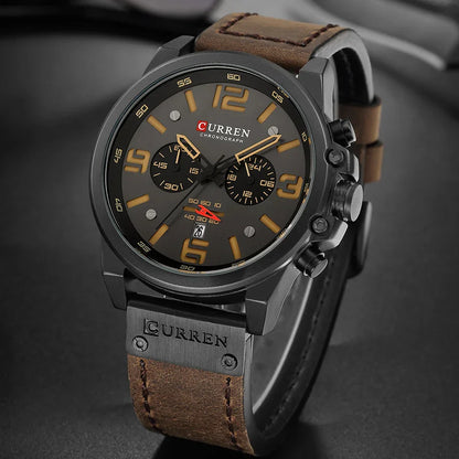 CURREN Men's Luxury Waterproof Sport Watch – Chronograph Quartz Military Wristwatch with Genuine Leather Strap