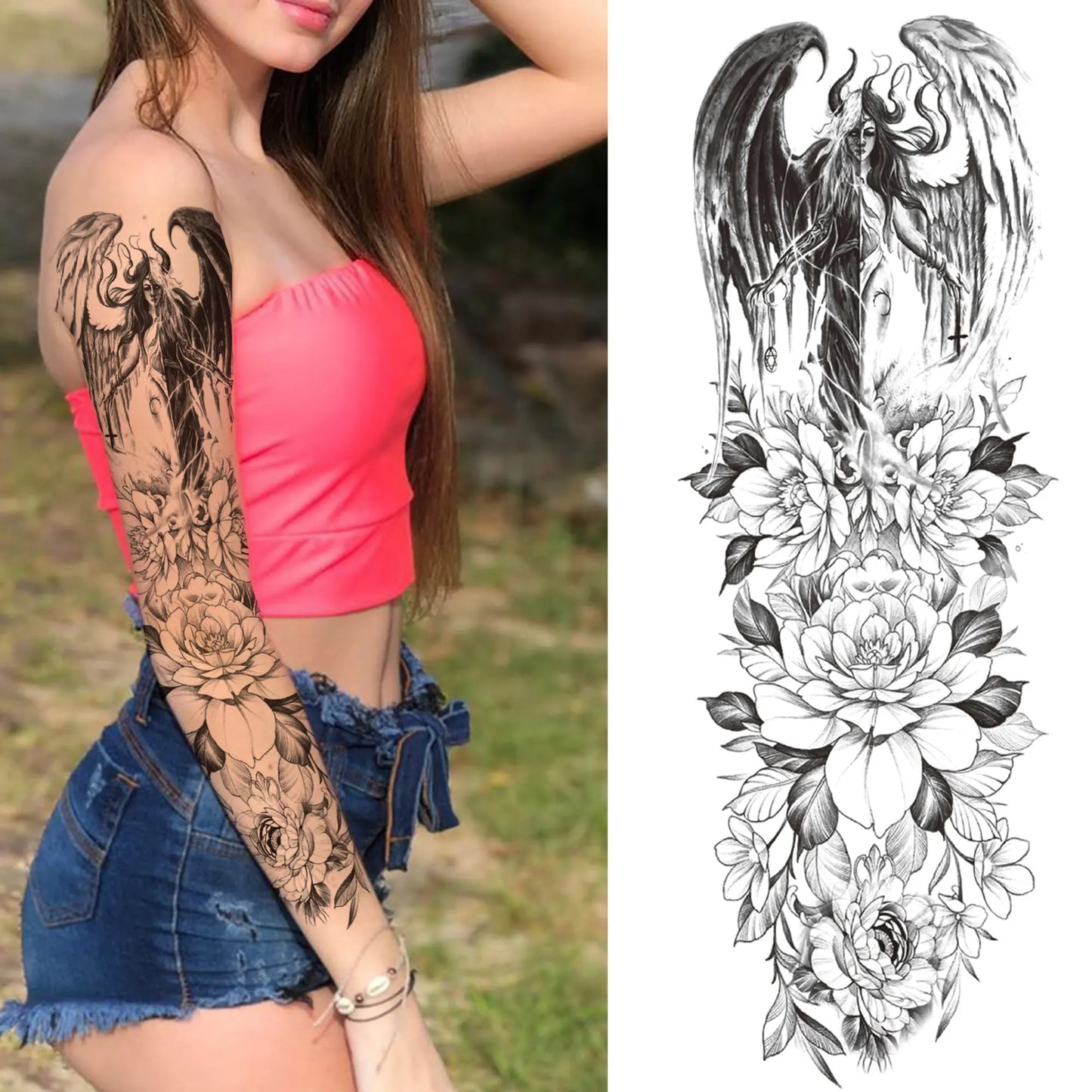 Temporary Tattoo Sleeve - Realistic Full Arm Skull Angel Maori Design Tattoo Sticker for Men & Women