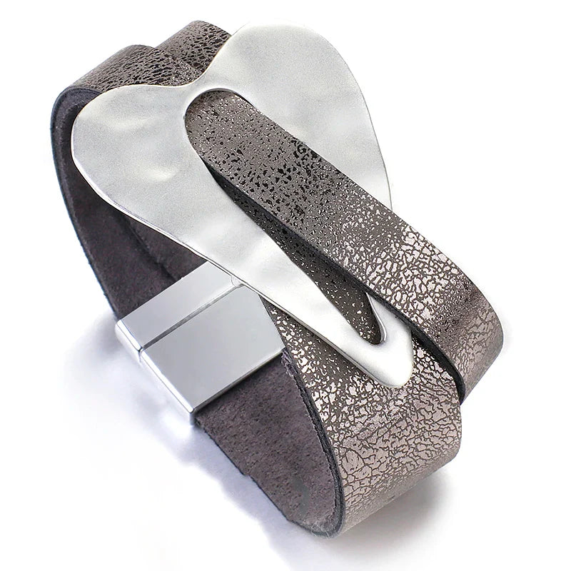 ALLYES Black Leather Bracelet for Men & Women - Fashion 2024 Magnetic Buckle with Heart Charm, Wide Wrap Jewelry
