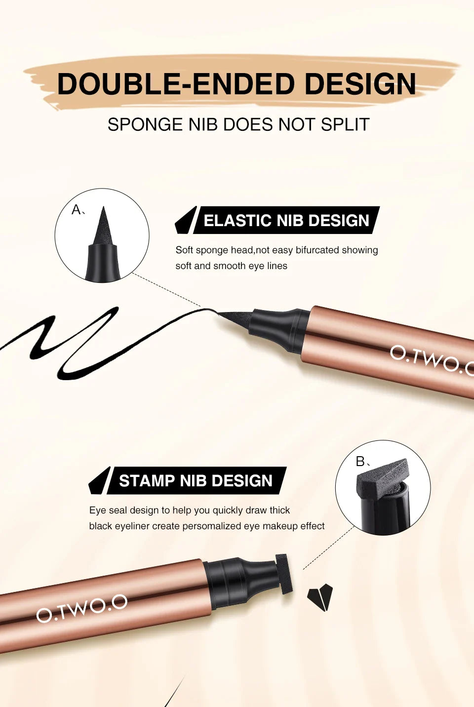 O.TWO.O Black Liquid Eyeliner Pen – Double-Ended Waterproof Fast-Dry Eye Liner for Women