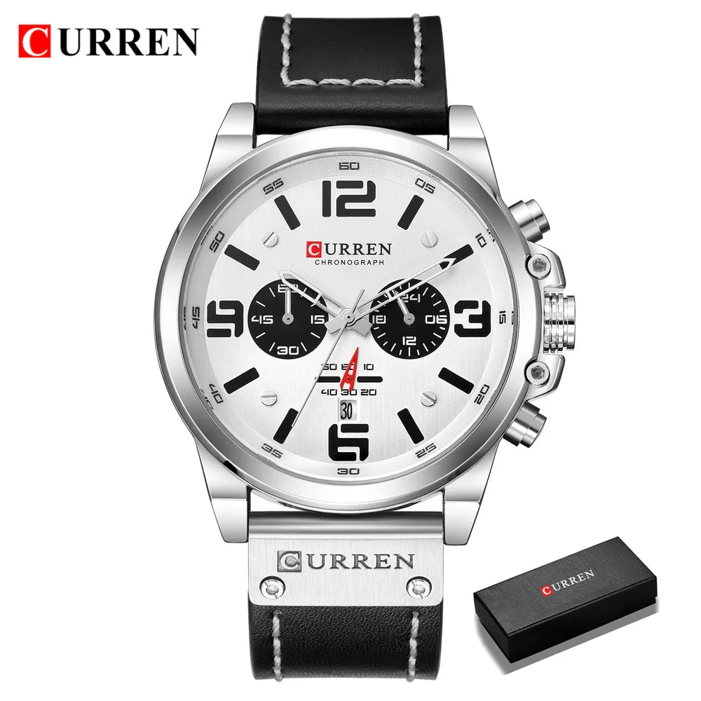 CURREN Men's Luxury Waterproof Sport Watch – Chronograph Quartz Military Wristwatch with Genuine Leather Strap