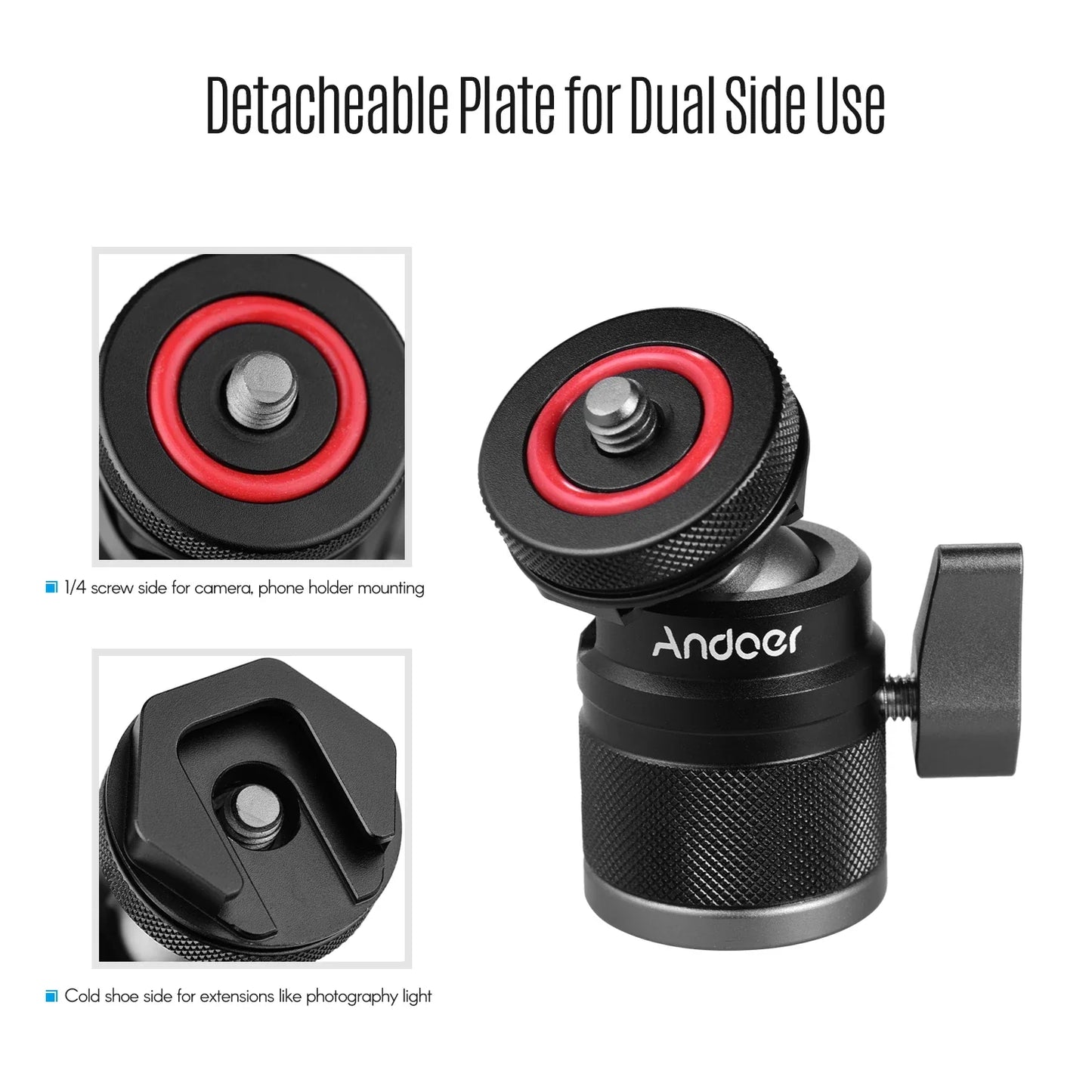 Andoer 2 in 1 Ball Head with 1/4" Screw Mount, 360° Aluminum Alloy for Camera, Phone Holder, Speedlite, Tripod, and Selfie Stick
