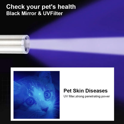 365 UV Veterinary Wood Lamp - Pet Fungus Detection Waterproof Flashlight with Ultraviolet Light for Cat Moss and Tinea Detection - Black Mirror Included