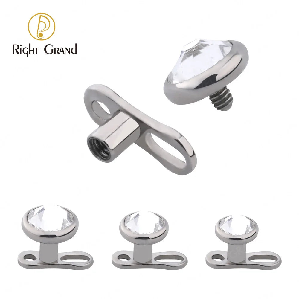 5Pcs Right Grand ASTM F136 Titanium 14G 2-Hole Internally Threaded CZ Dermal Anchor Tops & Base – Microdermal Piercing Jewelry Set