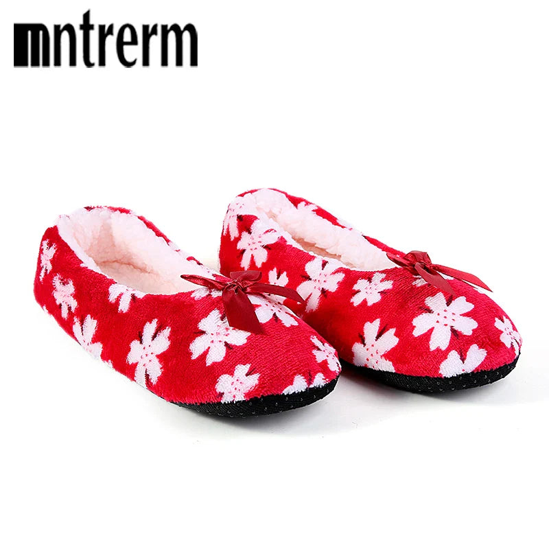 Mntrerm Women's Warm Cotton Slippers with Non-Slip Sole, Plush Indoor Shoes with Bow Tie Dots