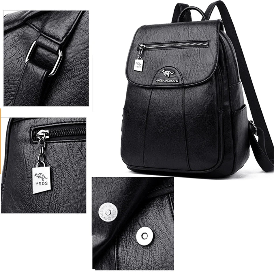Women's Backpack 2022 - High-Quality Soft Leather, Large Capacity, Leisure Travel & School Bag for Teenage Girls - Black Mochila