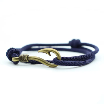 Vintage Fish Hook Men's Bracelet – Double Layer Braided Lucky Wine Red Adjustable Bracelet, Gift for Him
