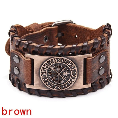 Totem Design Wide Leather Pirate Compass Bracelet - Men's Celtic Viking Jewelry, Party Gift Accessories