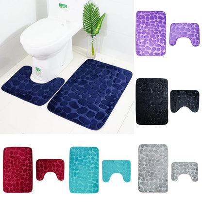 2PC Set Funnel Cobblestone Anti-Slip Bathroom Mat - Toilet Rug, New Bath Mat Set