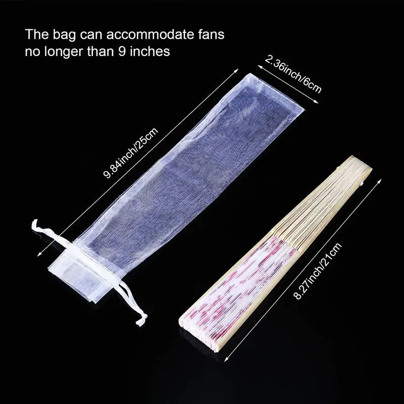 100-Pack Folding Hand Fan Pouches - Drawstring Organza Bags, Perfect for Outdoor Weddings, Party Favors, and Retail Gift Packaging