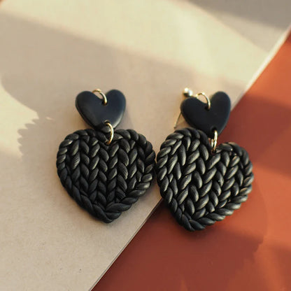 Handmade Knitted Heart-Shaped Polymer Clay Earrings – Braided Multi-Color Dangle Jewelry Set, Cute Love Gift