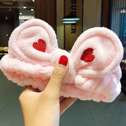 Soft Coral Fleece Bow Headband – Wash Face Hair Holder with Animal Ears for Women & Girls