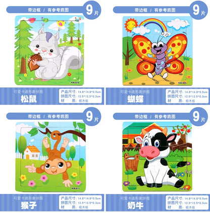 Hot Sale 9/12-Piece Wooden Puzzle Set — Cartoon Vehicles & Animals Educational Learning Toys for Kids, Perfect Gift