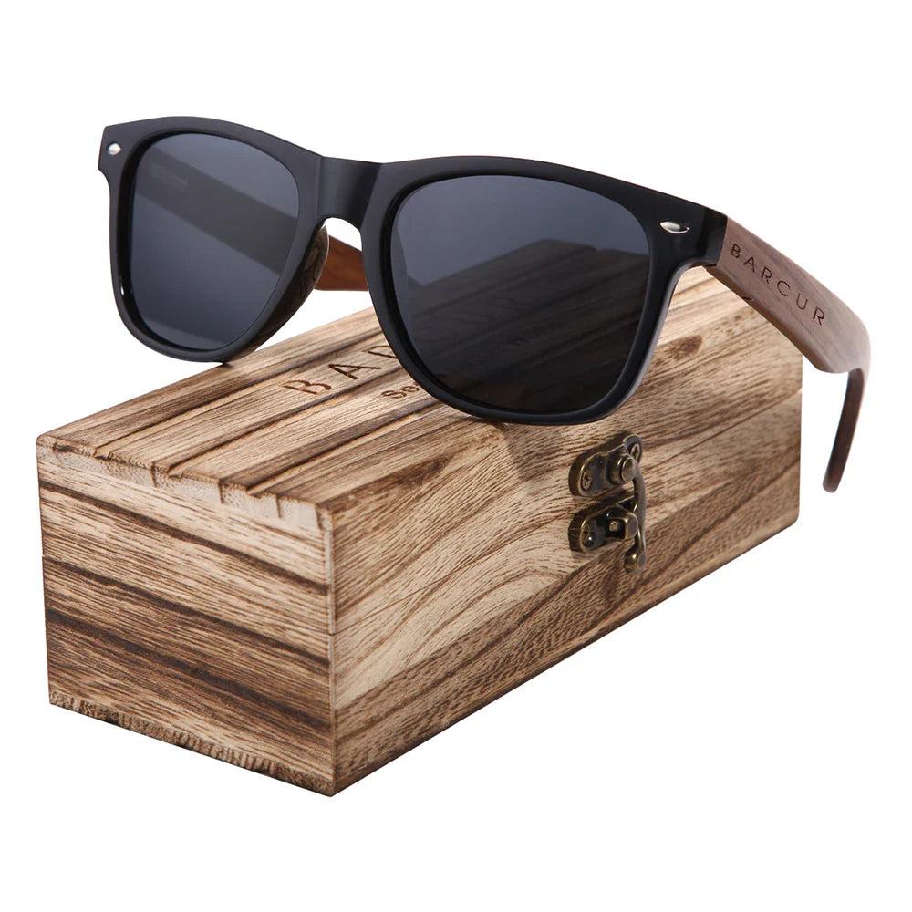 BARCUR Black Walnut Wood Polarized Sunglasses for Men – High-Quality Square UV400 Eyewear with Original Box