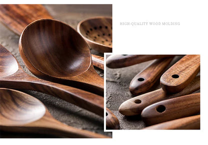 1-7pcs Teak Wood Tableware Set – Natural Wooden Spoons, Colander Spoon & Soup Skimmer Cooking Tool Kit