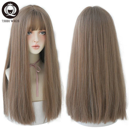 7JHHWIGS Long Straight Light Brown Synthetic Wig with Bangs – Heat-Resistant Daily Wear Wig for Women