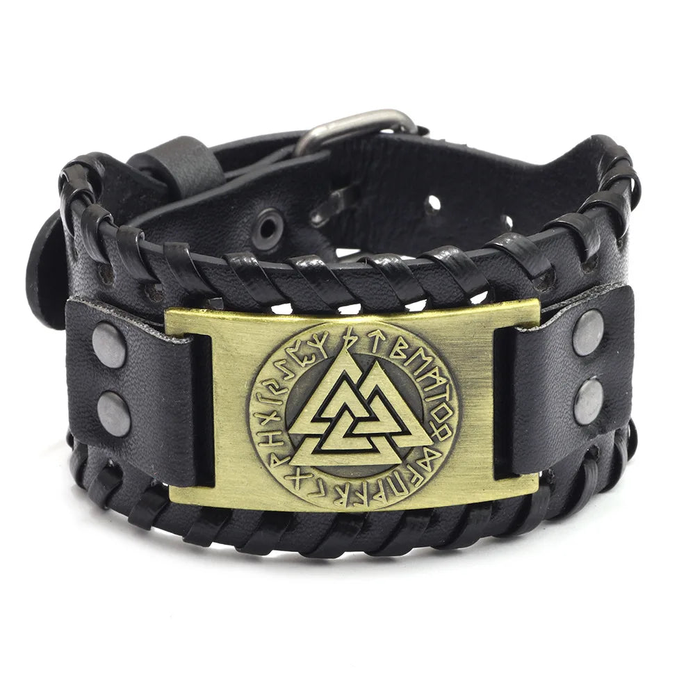 Totem Design Wide Leather Pirate Compass Bracelet - Men's Celtic Viking Jewelry, Party Gift Accessories