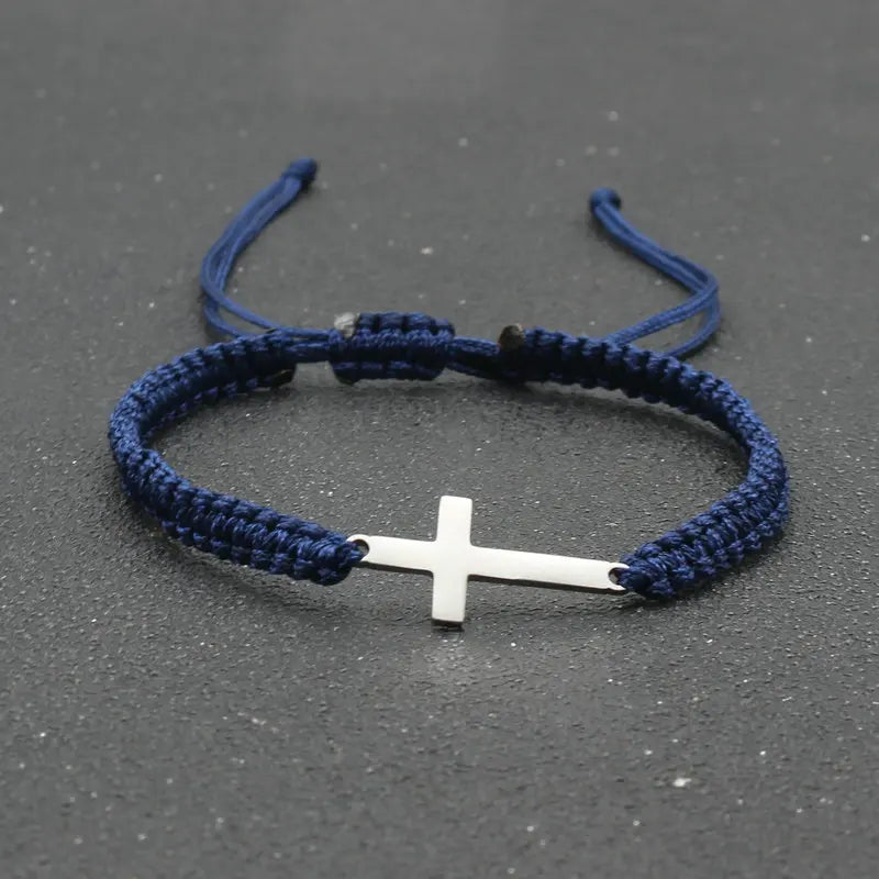 Stainless Steel Cross Charm Bracelet - Handmade Adjustable Braided Rope Chain Couple Jewelry for Women & Men