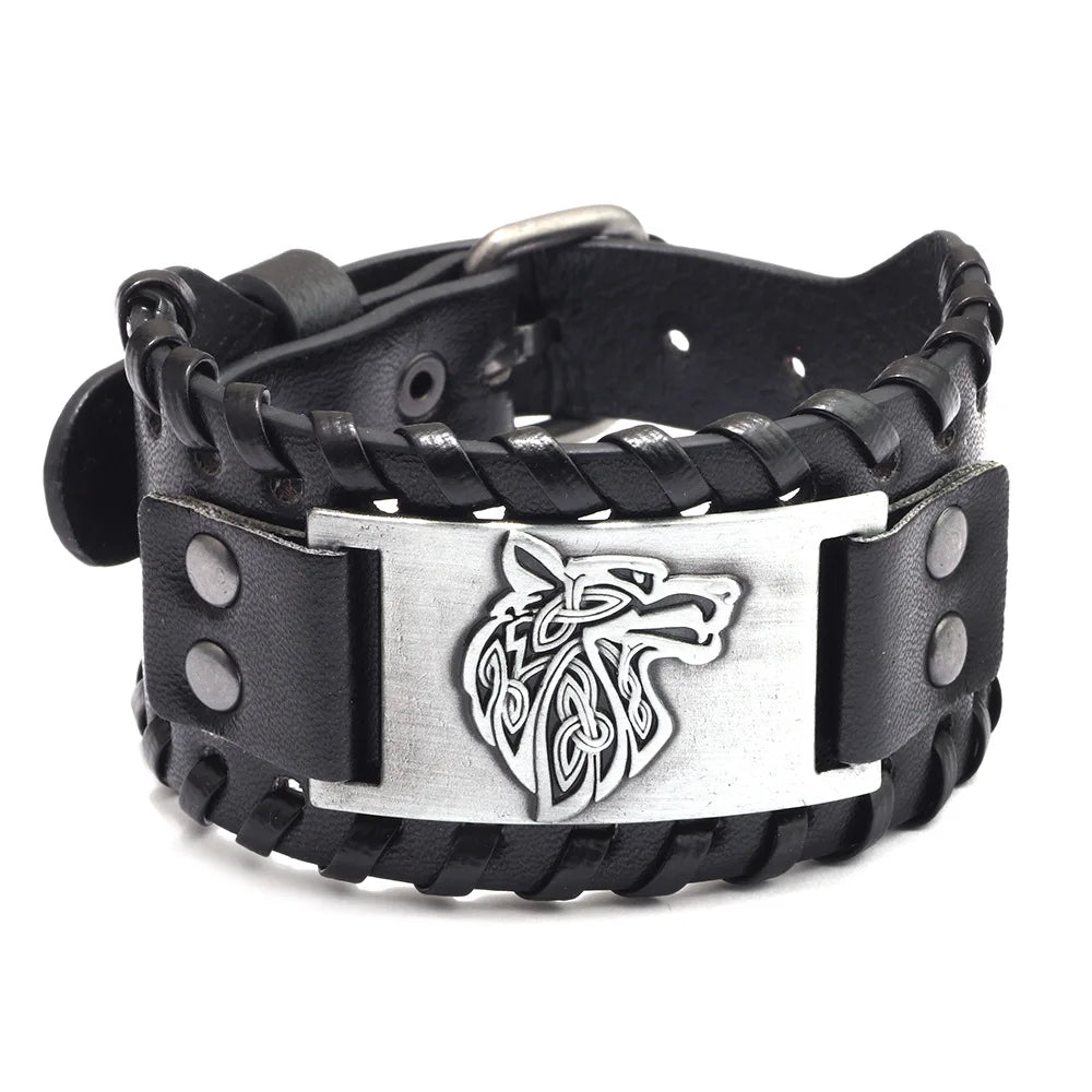 Totem Design Wide Leather Pirate Compass Bracelet - Men's Celtic Viking Jewelry, Party Gift Accessories