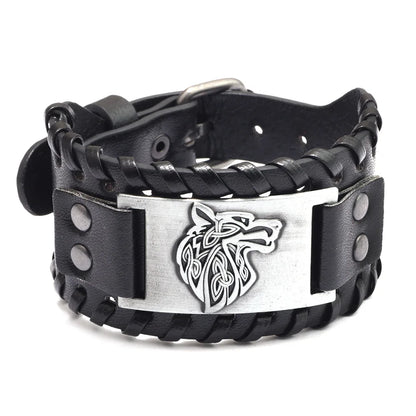 Totem Design Wide Leather Pirate Compass Bracelet - Men's Celtic Viking Jewelry, Party Gift Accessories