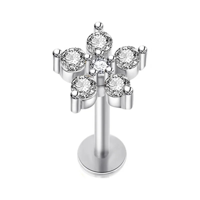 Crystal Flower Tragus Piercing Earring – 16G Cross Cartilage, Helix, Conch, Rook, Lobe & Labret Stud Jewelry