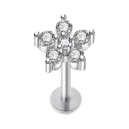 Crystal Flower Tragus Piercing Earring – 16G Cross Cartilage, Helix, Conch, Rook, Lobe & Labret Stud Jewelry