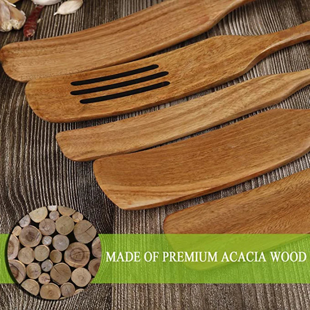 1-7pcs Teak Wood Tableware Set – Natural Wooden Spoons, Colander Spoon & Soup Skimmer Cooking Tool Kit