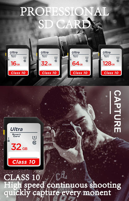 High-Speed SD Memory Card — 16GB/32GB/64GB/128GB/256GB V10 Flash Card for Cameras