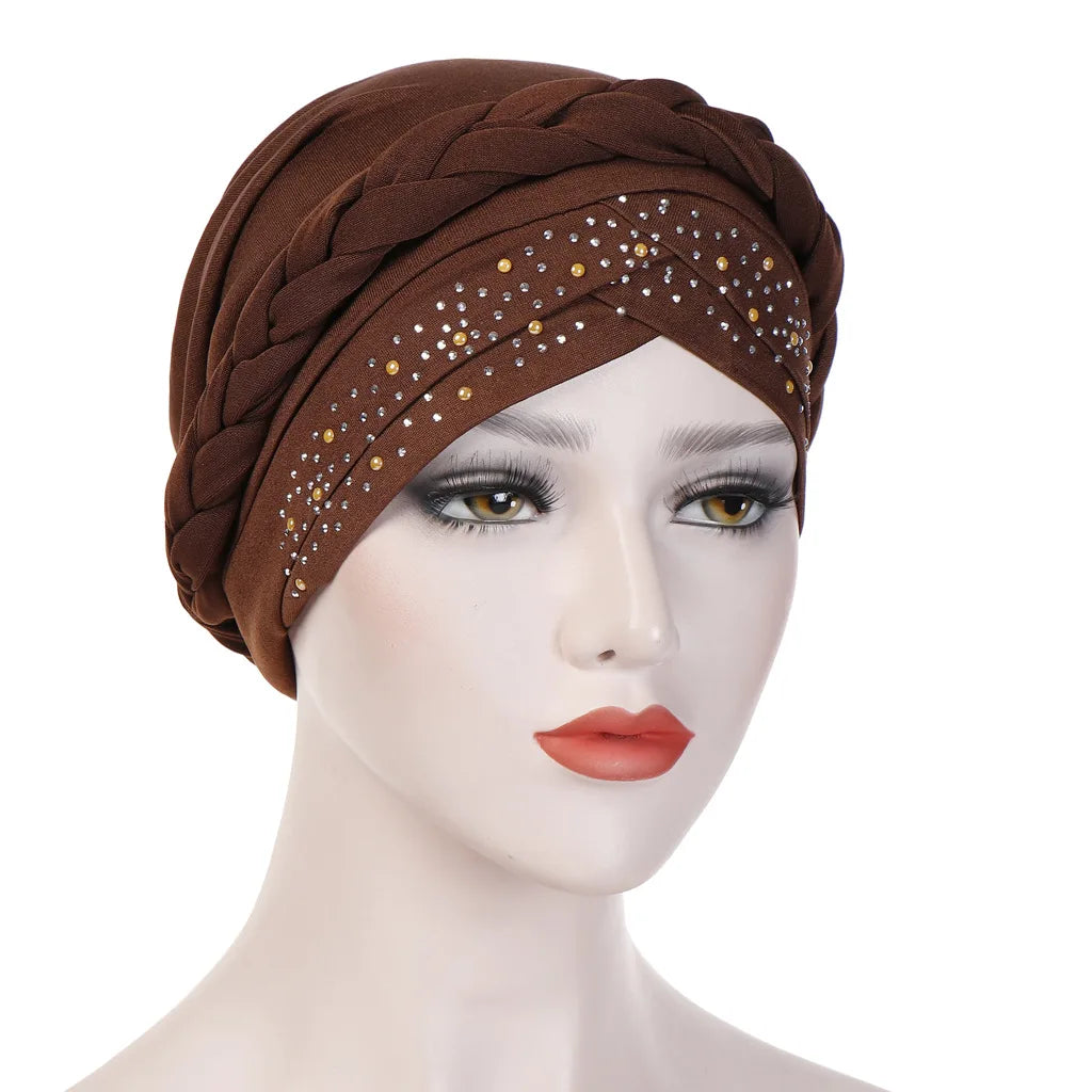 Women’s Cotton Head Scarf – Solid Turban Bonnet Hijab Cap with White Pearl Inner, Muslim Arab Wrap