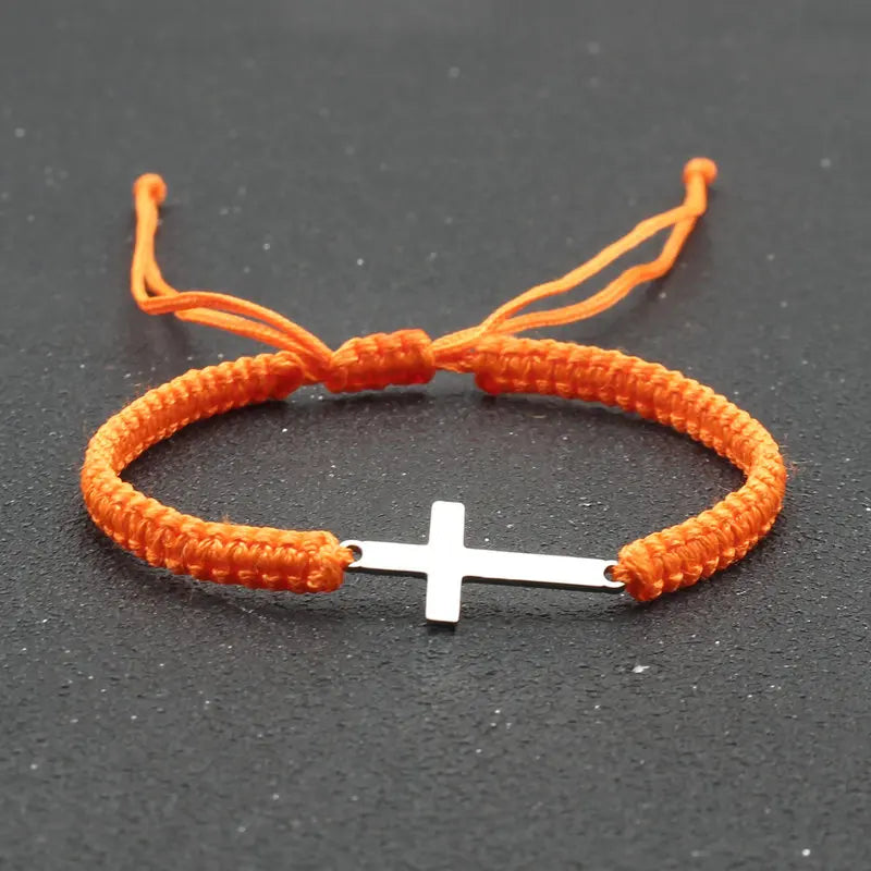 Stainless Steel Cross Charm Bracelet - Handmade Adjustable Braided Rope Chain Couple Jewelry for Women & Men