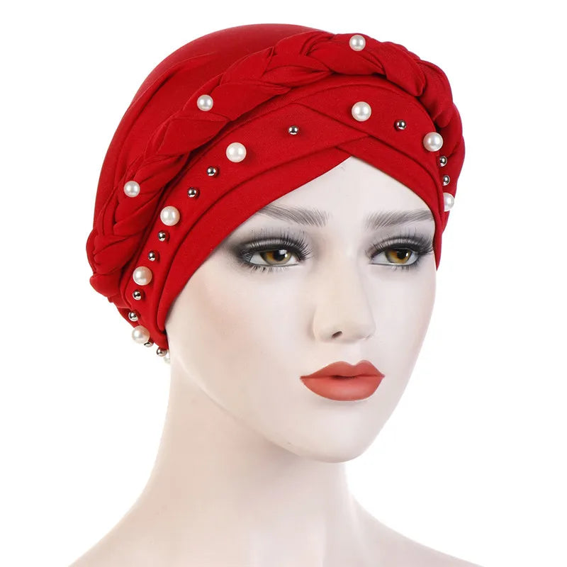 Women’s Cotton Head Scarf – Solid Turban Bonnet Hijab Cap with White Pearl Inner, Muslim Arab Wrap