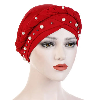 Women’s Cotton Head Scarf – Solid Turban Bonnet Hijab Cap with White Pearl Inner, Muslim Arab Wrap