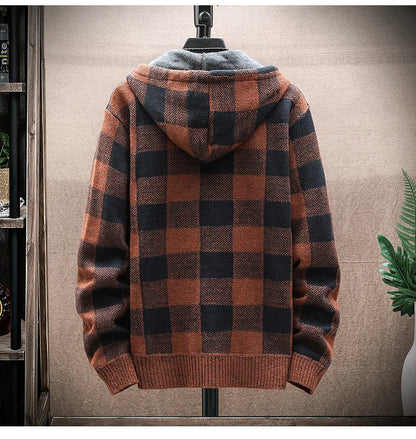 Men's Winter Plaid Hooded Cardigan – Warm Wool Fleece Zipper Jacket Knit Sweater Coat