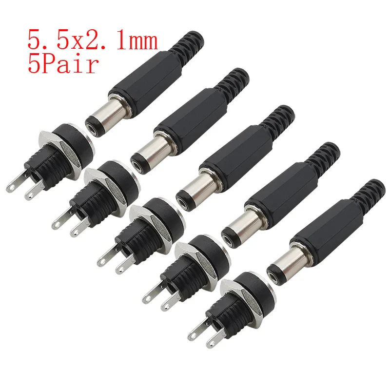 10Pcs DC Power Connectors 5.5x2.1mm & 3.5x1.3mm – Male Female Jack Socket, Nut Panel Mount DC Power Adapter Connector