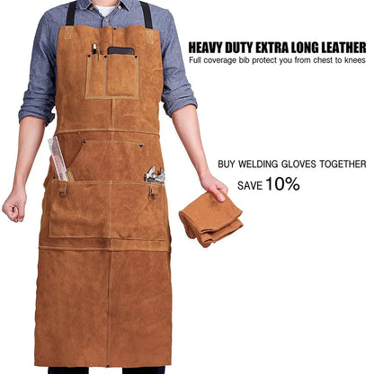 Heavy Duty Leather Welding Apron - Flame-Resistant Work Forge Apron with 6 Pockets - 42-Inch Large Size
