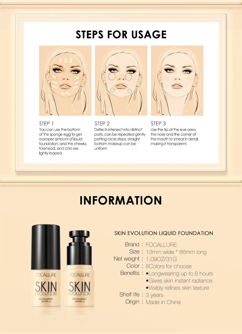 Focallure Liquid Foundation Cream — Full Coverage, Oil-Control Moisturizing Base & Concealer for Women