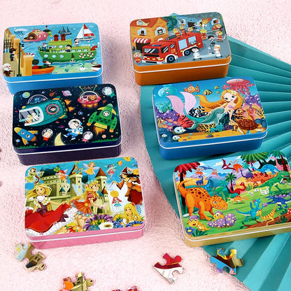 100PCS Kids Wooden Puzzle Set – Cartoon Animal & Vehicle Jigsaw Toys for Early Learning & Parent-Child Play