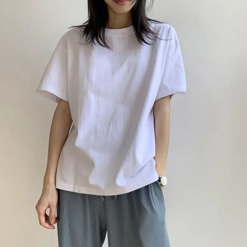 Women's 100% Cotton Crew Neck T-Shirt - Casual Regular-Fit Basic White Summer Tee
