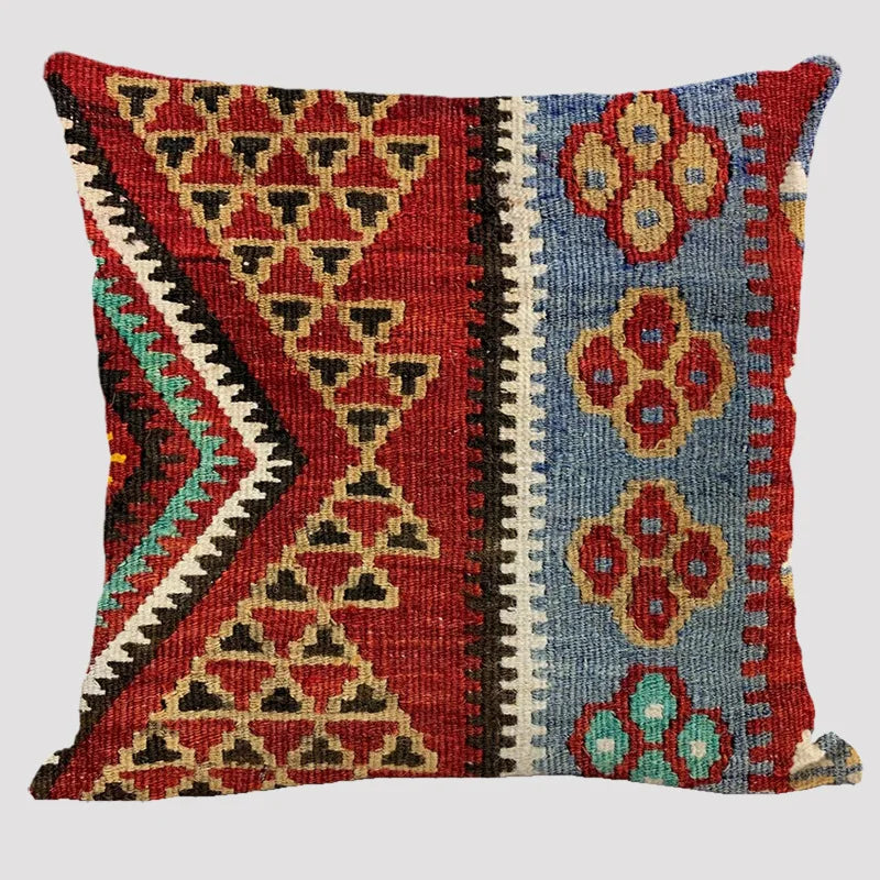 Bohemian Linen Cushion Cover – Multicolor Ethnic Geometric Pattern Decorative Pillow for Living Room Sofa