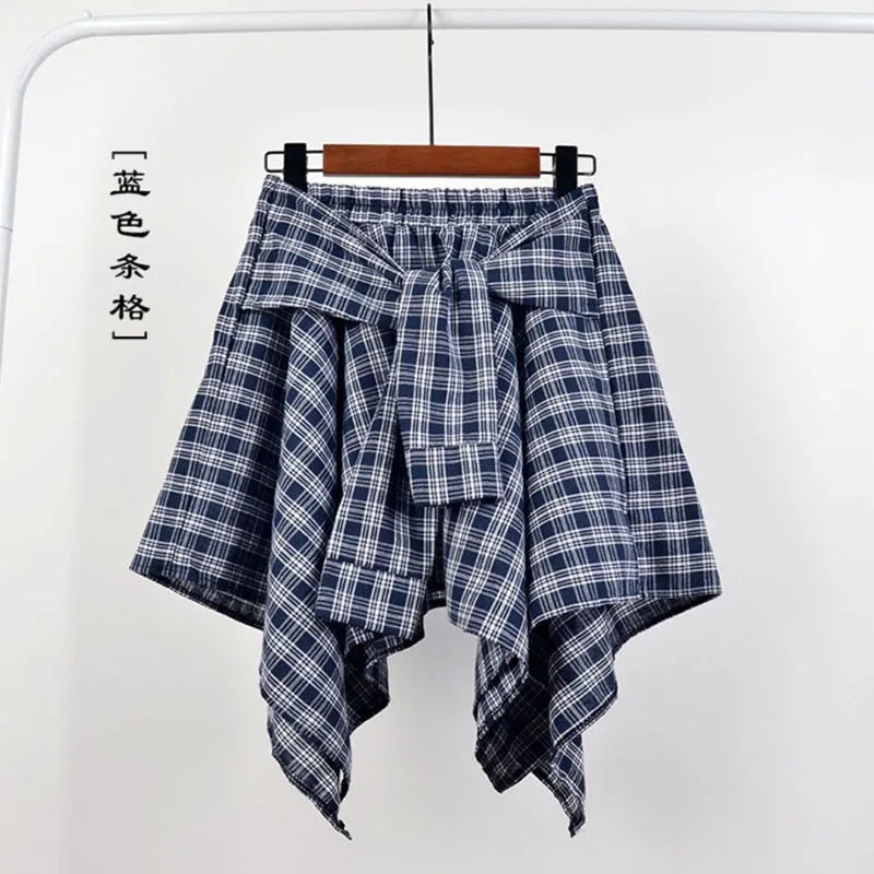 TOTRUST Women’s Fashion Asymmetrical Summer Plaid Mini Skirt – Casual College Style Fake Shirt Design