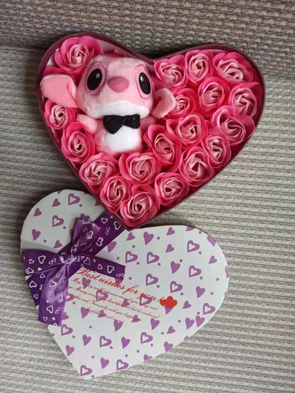 Disney Lilo & Stitch Plush Doll with Rose Bouquet – Gift Box & Flower Arrangement for Valentine’s & Christmas