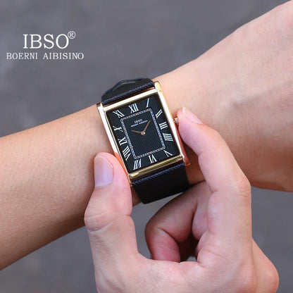 IBSO Ultra-Thin Rectangle Dial Men's Quartz Watch – Luxury Business Style, Genuine Leather Strap, Waterproof
